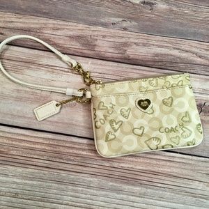 Coach Wristlet in Cream, White and Gold with Hearts